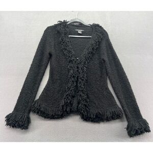 VTG 52 Weekends Sweater Black Boucle Knit Fringe Shaggy Trim Cardigan Size L